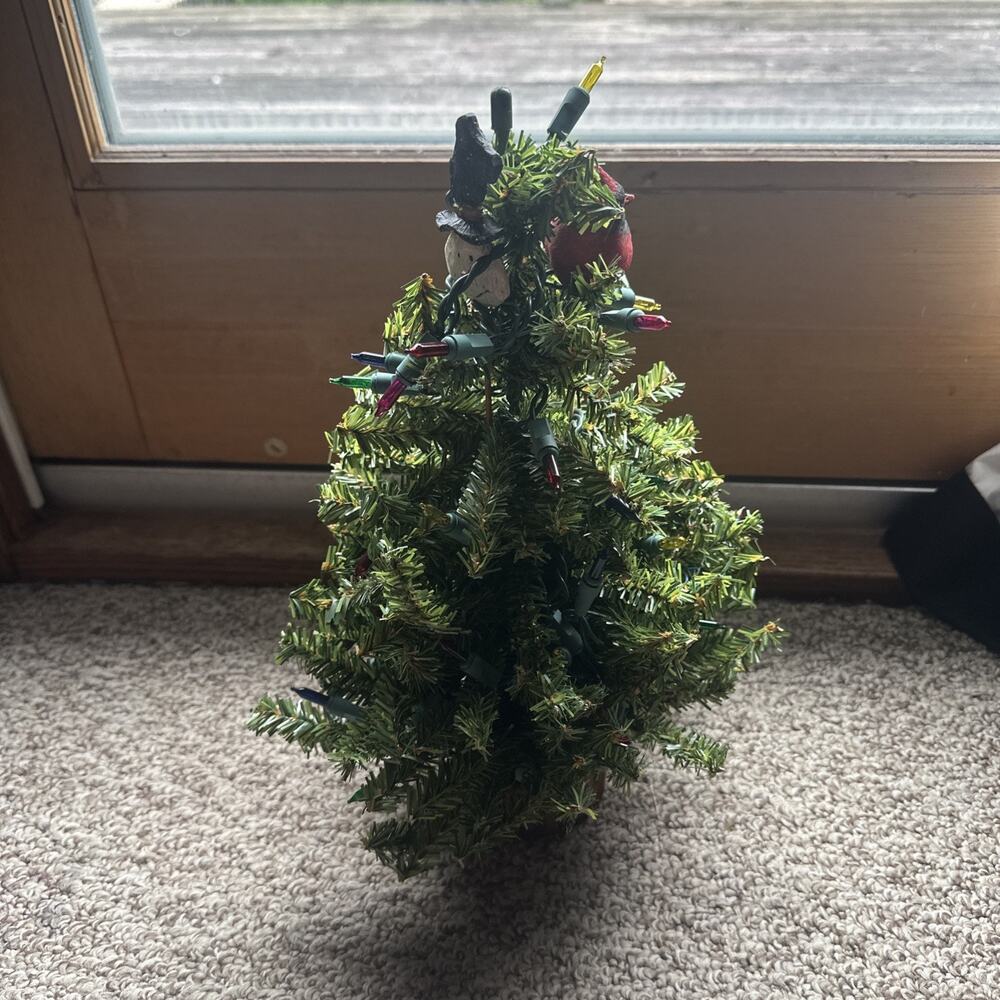Miniature Table Top Christmas Tree With Working Lights And Cardinal Topper